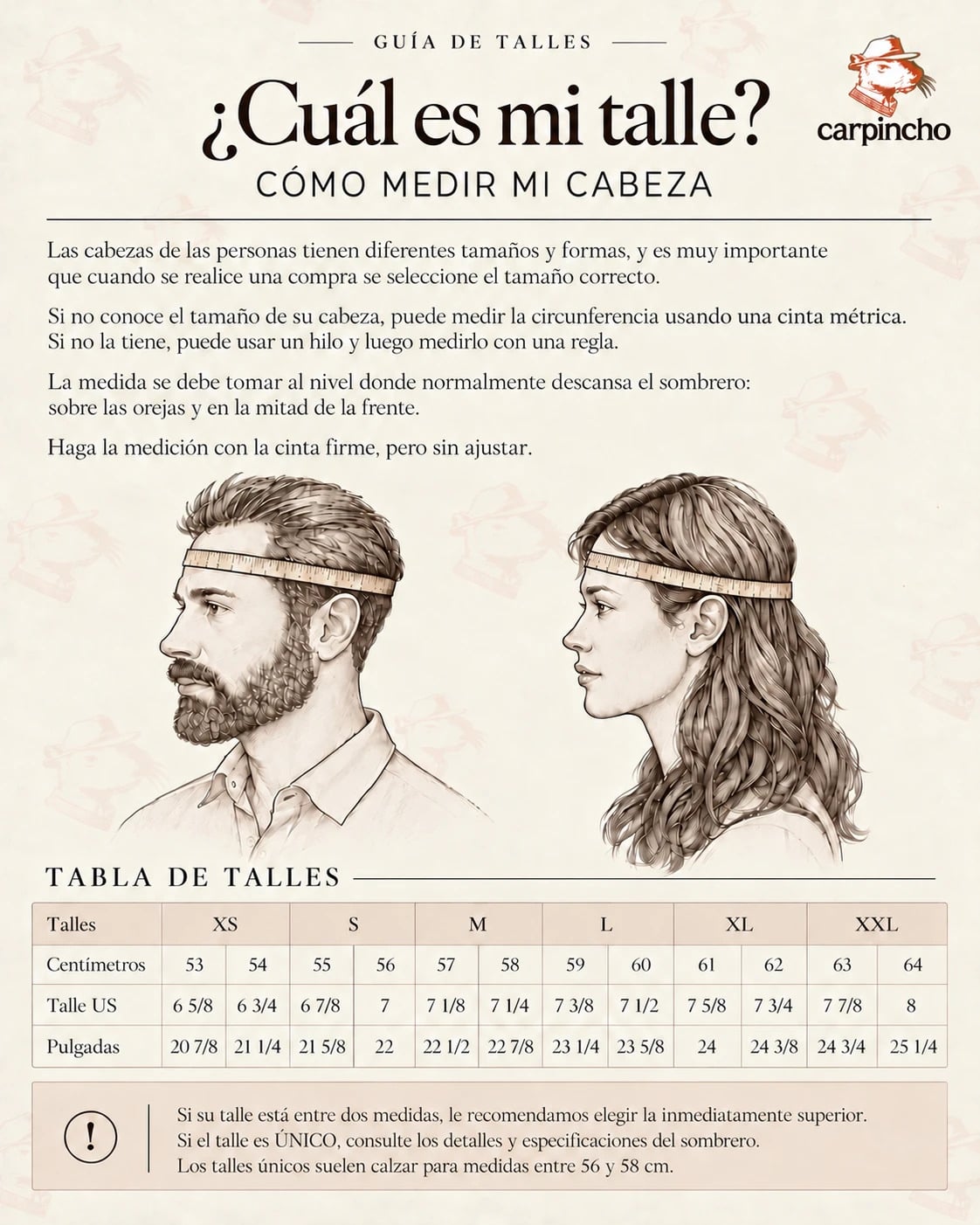 Guía de talles de sombreros de Casa Carpincho. Cómo medir la cabeza: con cinta métrica, por encima de las orejas y a la mitad de la frente, firme pero sin ajustar. Tabla de equivalencias por circunferencia: XS, 53 a 54 cm. S, 55 a 56 cm. M, 57 a 58 cm. L, 59 a 60 cm. XL, 61 a 62 cm. XXL, 63 a 64 cm. Si la medida queda entre dos talles, conviene elegir el inmediatamente superior.