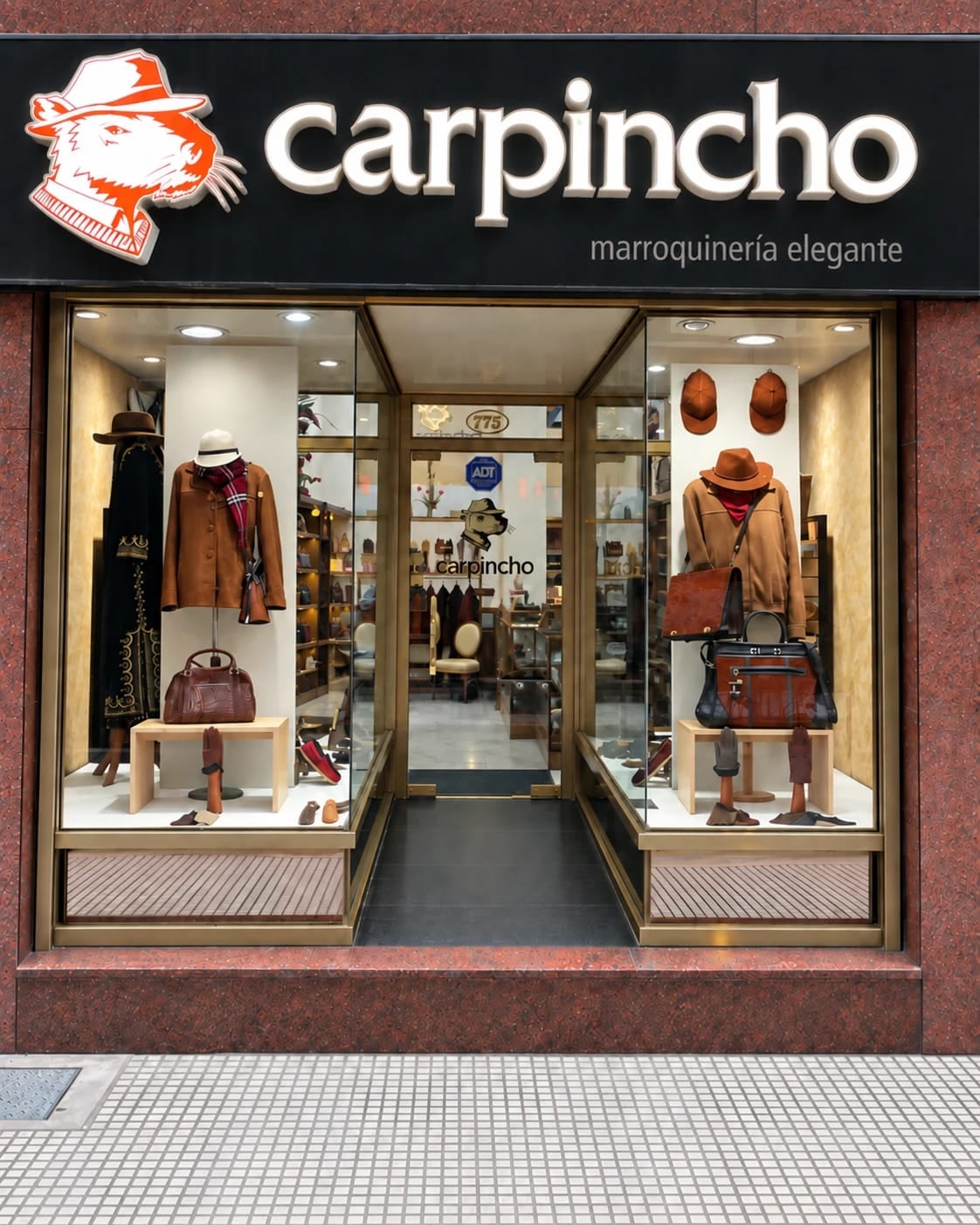 Vidriera de Casa Carpincho en Esmeralda 775, con carteras, sombreros y camperas de cuero